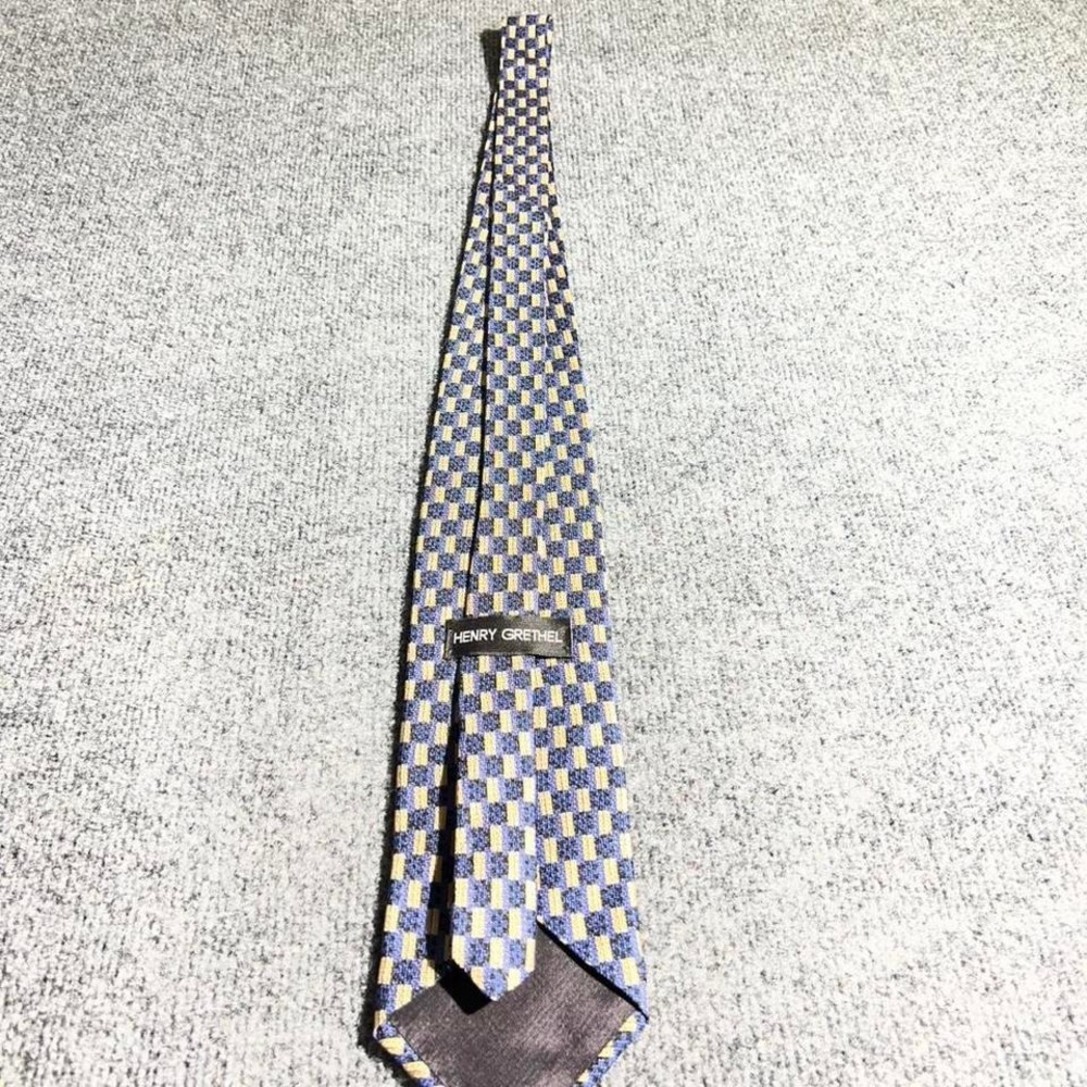 Henry Grethel Mens Silk Necktie Blue Yellow Geometric Checkerboard Pattern‎ Tie